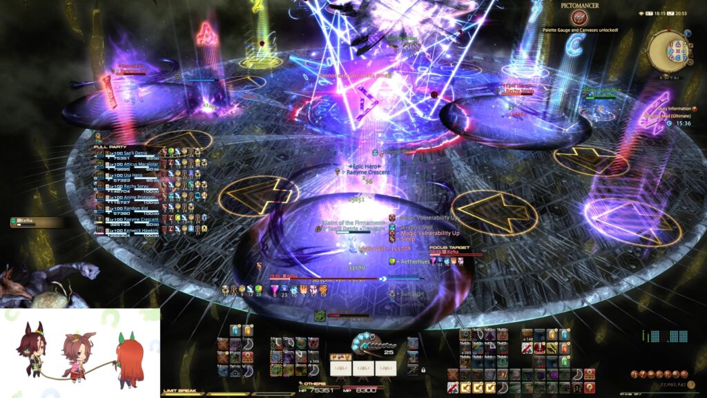 Image showing the Big Box Graven Image 3 strat. Arrow teleporters are placed in a loop around the outside of the arena, and each player stands in a spot that will force them to run into a teleporter if they're afflicted with Confused.