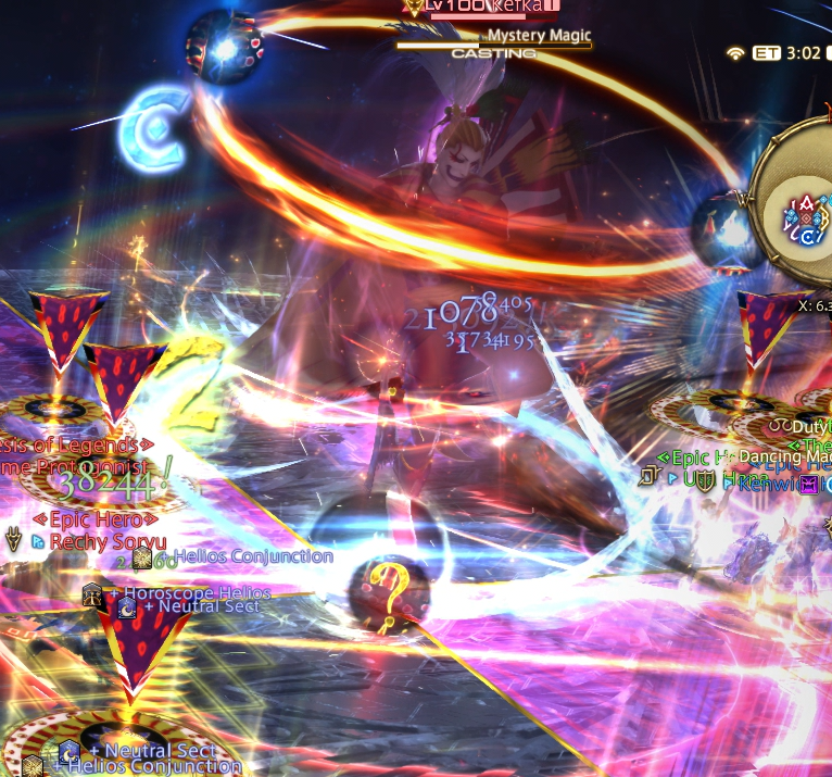 Kefka casting Mystery Magic. The top ring shows he's casting real fire, which in this pull means everyone needs to spread out, and the bottom ring shows he's casting fake blizzard, which means everyone needs to stand in the damage indicator on the ground.